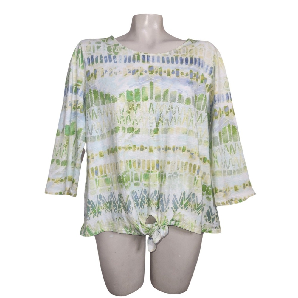 Chico's Green‎ Blue Abstract Geometric Tie Front Cotton Top 3/4 Sleeve size 2 L